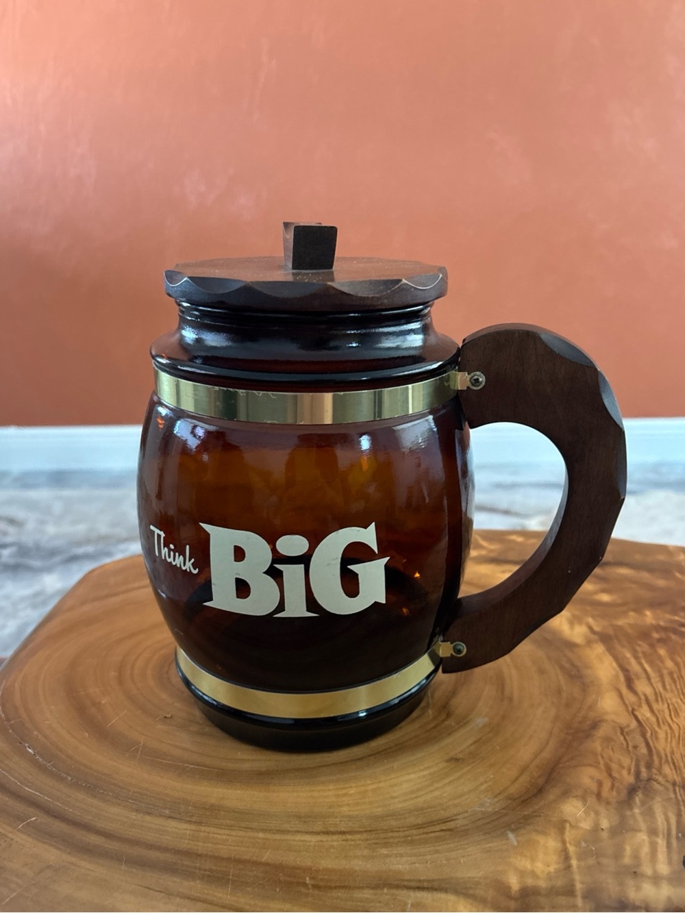 Vtg Large Siestaware Think Big Amber Stein Glass Cookie Jar 9.5”